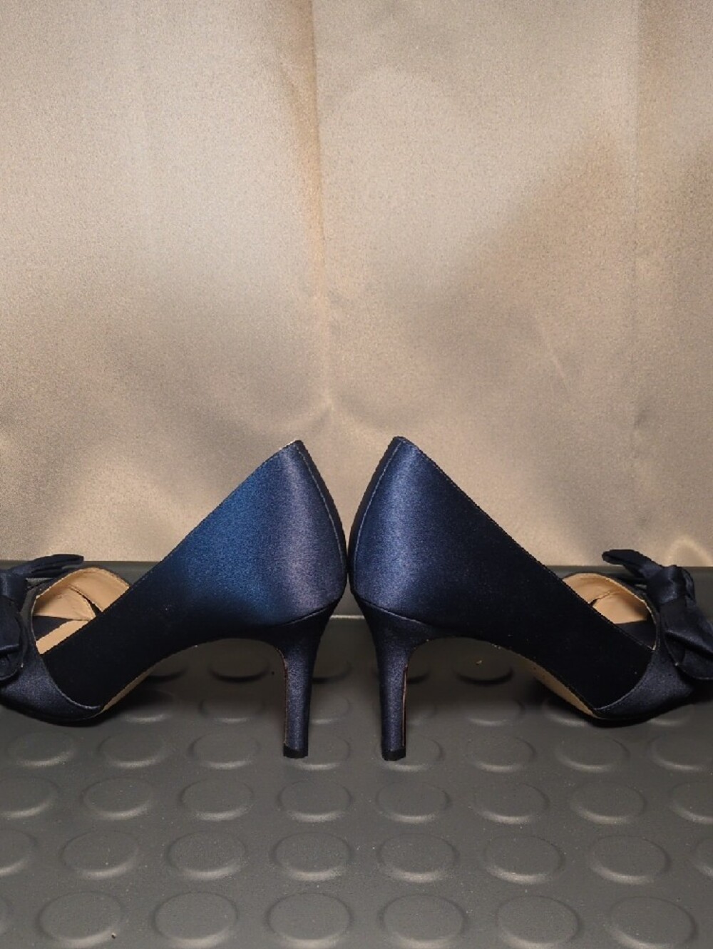 Nina Navy Satin Peep-Toe Heels with Front Bow Accent - Picture 6 of 7